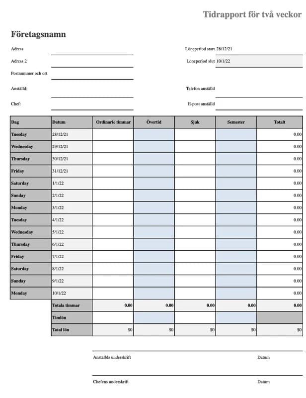 Förhandsvisning av Excel-mallen Tidrapport med sjukdom och semester