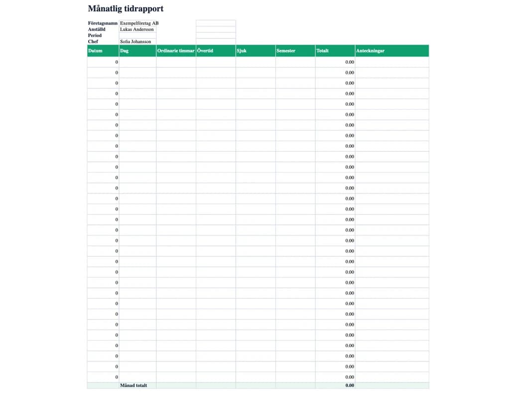 Excel-förhandsvisning: Månatlig tidrapport
