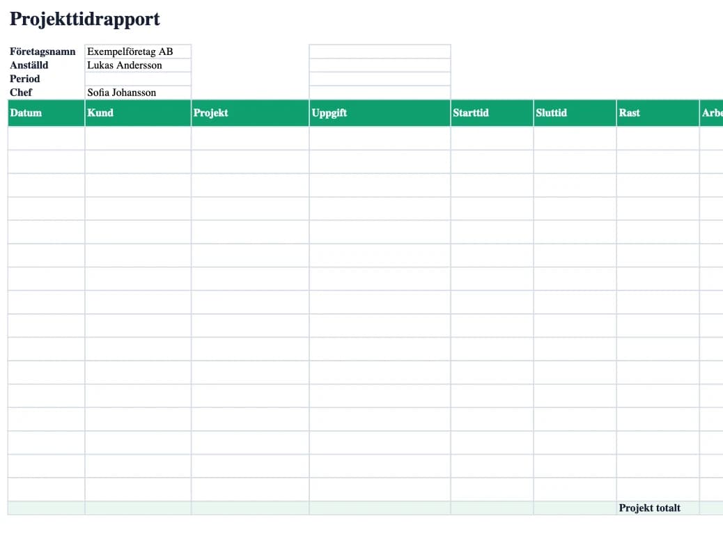 Excel-förhandsvisning: Projekttidrapport