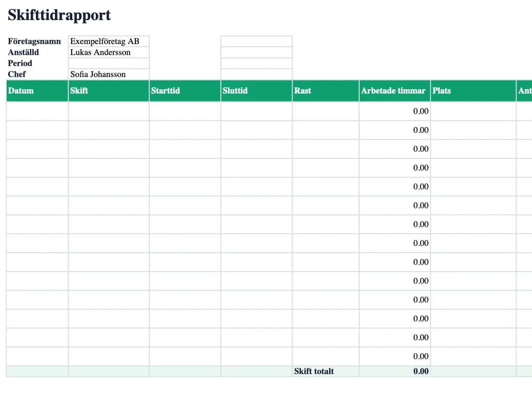 Excel-förhandsvisning: Skifttidrapport