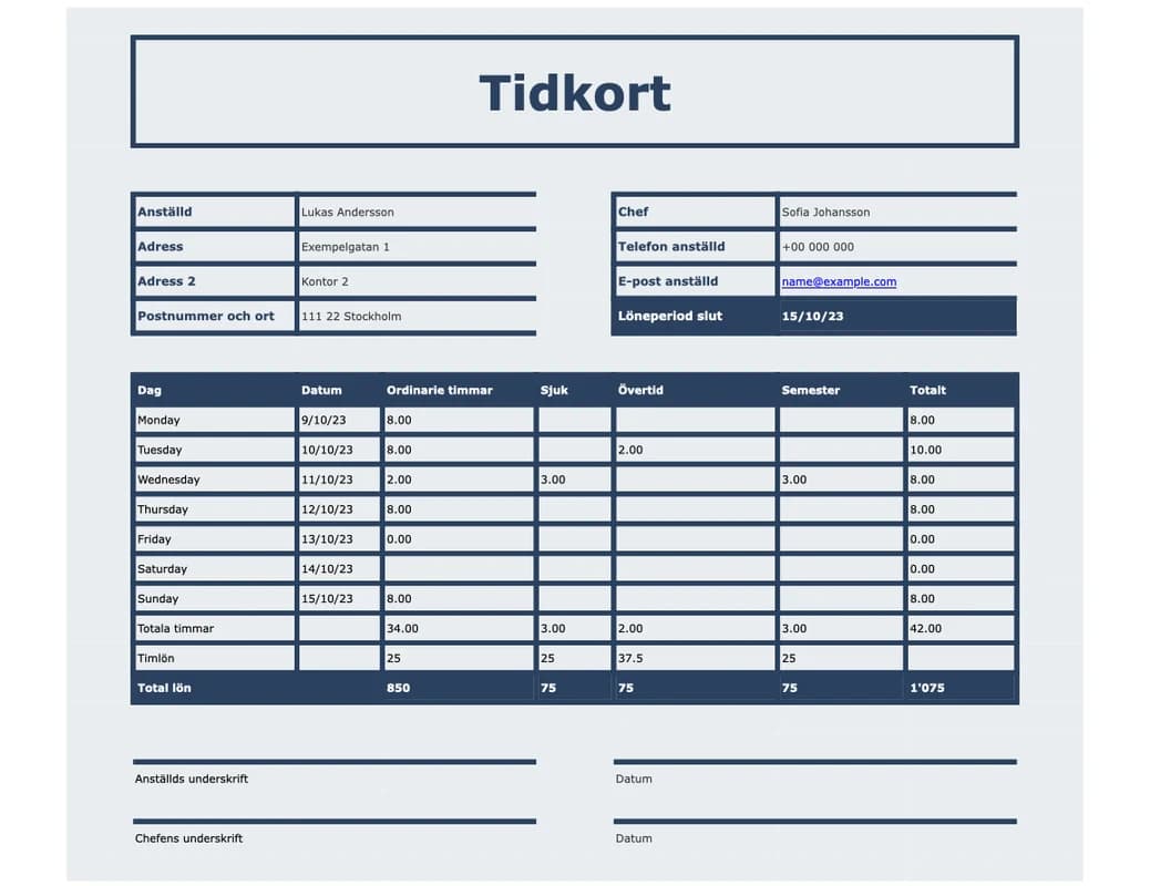Förhandsvisning av Excel-mallen Tidkort